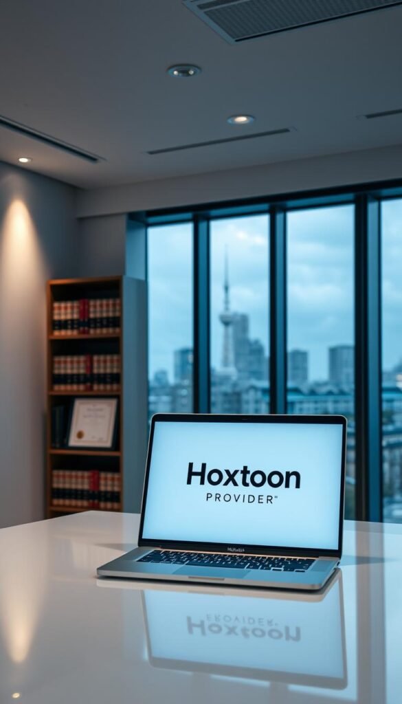 A sleek, modern office interior with large windows overlooking a city skyline. In the foreground, a desk with a laptop displaying the Hoxtoon Provider logo, signifying legal IPTV services. Minimalist decor, clean lines, and subtle mood lighting create a professional, authoritative atmosphere. In the background, a bookshelf filled with legal volumes and a framed certificate, hinting at the legal expertise required to navigate IPTV regulations in Poland. The scene conveys a sense of legitimacy, trust, and compliance with the law.