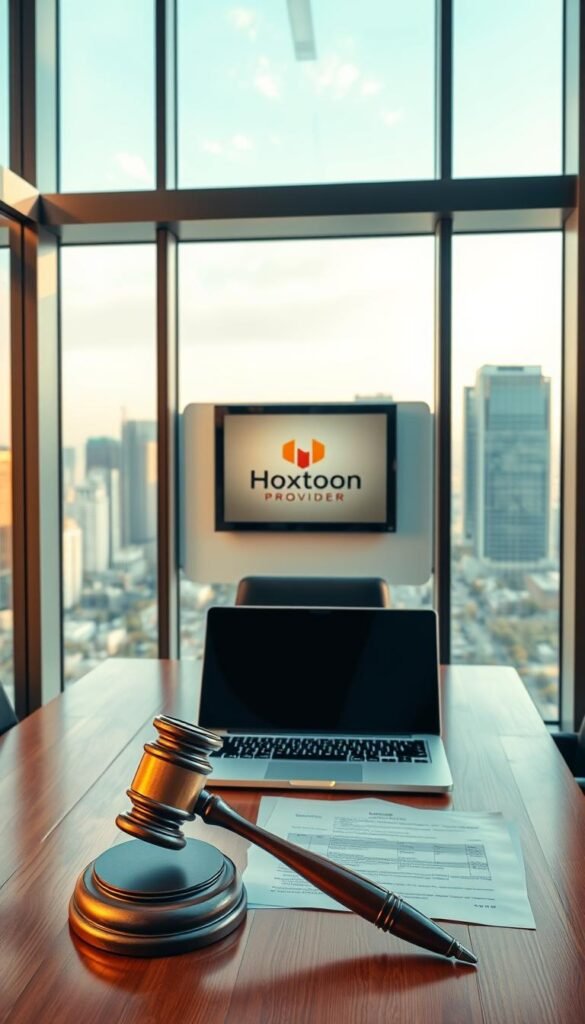 A sleek, modern office interior with large windows overlooking a city skyline. In the foreground, a wooden desk with a laptop, papers, and a stylized gavel, representing the legal considerations for IPTV services. On the wall behind the desk, a framed artwork depicting the Hoxtoon Provider logo, symbolizing the IPTV service provider. The lighting is warm and natural, creating a professional and authoritative atmosphere. The overall scene conveys the careful legal and regulatory landscape that IPTV providers must navigate.