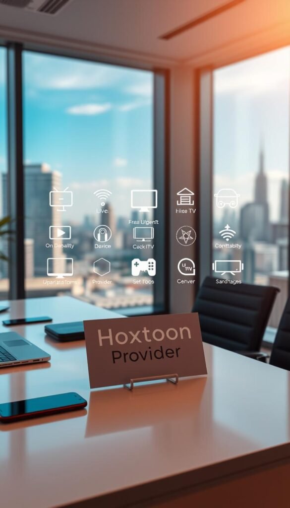 A sleek, modern office interior with large windows overlooking a city skyline. In the foreground, a desk with a laptop, smartphone, and other tech accessories. On the desk, a prominently displayed sign or logo for the "Hoxtoon Provider" IPTV service. In the middle ground, stylized icons and graphics representing various IPTV features like live TV, on-demand content, and device compatibility. The background is softly blurred, conveying a sense of professionalism and high-quality services. The lighting is warm and inviting, creating an atmosphere of trust and reliability for the IPTV provider.