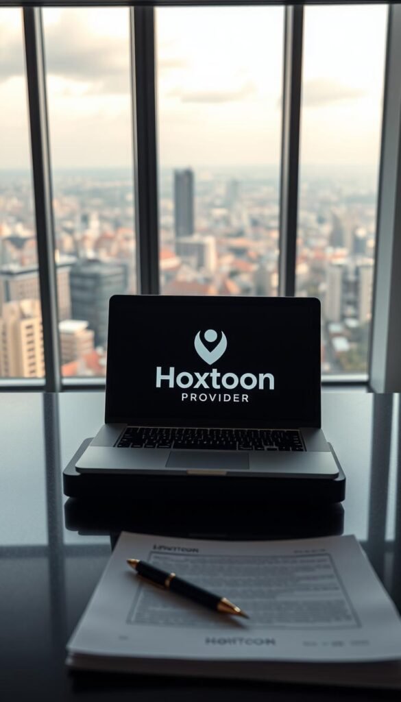 A sleek, modern office interior with large windows overlooking a cityscape of Romania. On the desk, a laptop displays the Hoxtoon Provider logo, signifying a secure IPTV service. The lighting is soft and diffused, creating a professional and trustworthy atmosphere. In the foreground, a stack of legal documents and a pen, hinting at the "Legal and Security Considerations" topic. The overall scene conveys a sense of reliability, privacy, and compliance with Romanian regulations for IPTV providers.