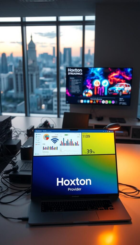 A sleek, modern office interior with large windows overlooking a cityscape. In the foreground, a desk with a high-end laptop displays the Hoxtoon Provider logo, surrounded by various networking equipment and cables. Subtle ambient lighting casts a warm glow, creating a professional and reliable atmosphere. The middle ground features a person intently monitoring a dashboard of streaming metrics and performance data, conveying the service's stability and quality. In the background, a wall-mounted display showcases a seamless IPTV stream with vibrant colors and crisp, high-definition visuals, highlighting Hoxtoon's reliable streaming capabilities.
