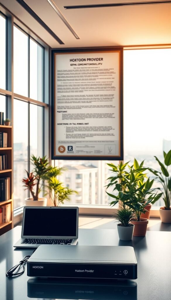 A sleek, modern office interior with large windows overlooking a cityscape. In the foreground, a desk with a laptop and a Hoxtoon Provider set-top box, signifying IPTV services. Bookshelves and potted plants line the walls, creating a professional yet cozy atmosphere. The lighting is bright and warm, with a slight haze to convey a sense of legality and regulation. In the background, a large, framed legal document is prominently displayed, hinting at the complex web of German IPTV laws and regulations.