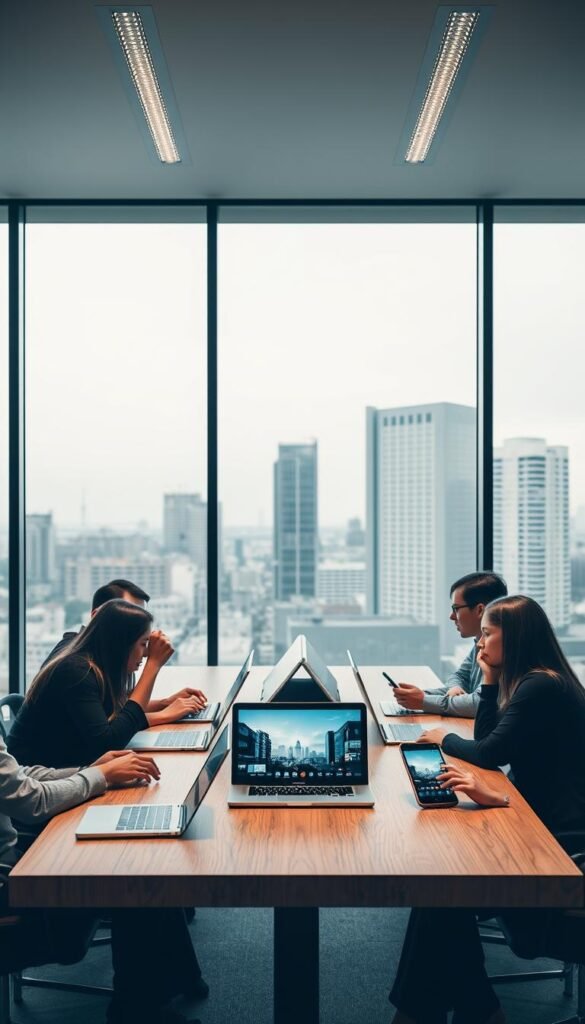 A sleek, modern office interior with large windows overlooking a cityscape. In the foreground, a group of people using various devices - laptops, tablets, and smartphones - to access a seamless IPTV service provided by Hoxtoon Provider. The devices are arranged neatly on a stylish wooden table, showcasing the multi-device support capabilities. Soft, diffused lighting from overhead illuminates the scene, creating a professional and productive atmosphere. The background features a minimalist, monochromatic color scheme, allowing the devices and users to take center stage. The overall composition emphasizes the convenience and versatility of Hoxtoon Provider's IPTV solution for the modern, multi-device lifestyle.