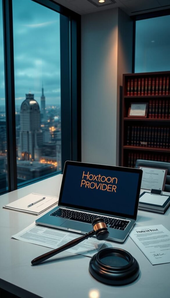 A sleek, modern office interior with large windows overlooking a cityscape. On the desk, a laptop displays the Hoxtoon Provider logo, surrounded by legal documents and a gavel. Soft, directional lighting highlights the professional, authoritative atmosphere. In the background, a bookshelf filled with law volumes and a framed certificate signify the legal expertise required to navigate IPTV service regulations in the United States. The overall mood is one of thoughtful consideration of the legal landscape, guiding the viewer to understand the importance of responsible IPTV service provision.