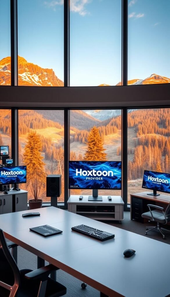 A sleek, modern office interior with large windows overlooking a scenic Swiss alpine landscape. In the foreground, a high-tech IPTV setup with the Hoxtoon Provider brand prominently displayed. The workspace features stylish, ergonomic furniture and state-of-the-art video streaming equipment. Warm, natural lighting from the windows casts a cozy glow, creating an atmosphere of productivity and innovation. The overall impression conveys the seamless integration of cutting-edge IPTV technology within the Swiss digital landscape.