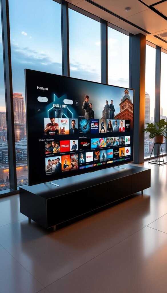 A sleek, modern office interior with large windows overlooking a vibrant city skyline. In the foreground, a high-end entertainment system displays the Hoxtoon Provider's extensive content library, showcasing a diverse array of movies, TV shows, live channels, and sports events. The display is crisp and vibrant, inviting the viewer to explore the platform's vast selection. The lighting is warm and natural, creating a welcoming and immersive atmosphere. The room is minimalist in design, with clean lines and a neutral color palette, allowing the content to take center stage. The overall scene conveys a sense of sophistication, technological innovation, and the seamless integration of premium entertainment into a professional setting.