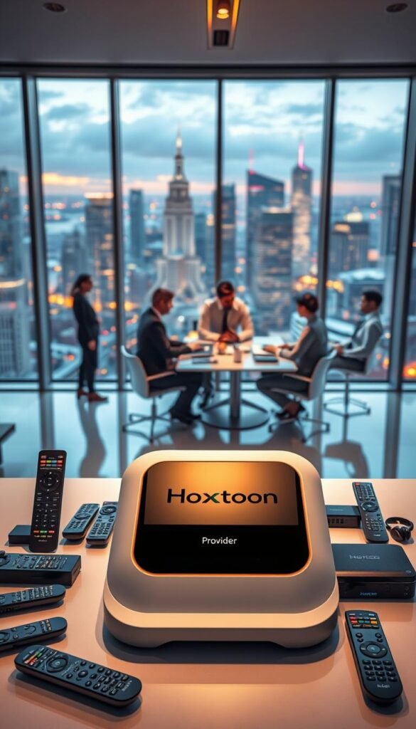 A sleek, modern office interior with large windows overlooking a vibrant cityscape. In the foreground, a stylized, futuristic-looking device with the "Hoxtoon Provider" brand prominently displayed. The device is flanked by various remote controls, streaming boxes, and other IPTV hardware. In the middle ground, a team of professionals in business attire are gathered around a conference table, engaged in a lively discussion. The background features a dynamic city skyline, with skyscrapers and infrastructure that evoke a sense of technological advancement. The lighting is warm and ambient, creating a professional yet inviting atmosphere. The overall scene conveys the reliability, innovation, and comprehensive solutions offered by Hoxtoon, Romania's premier IPTV provider.