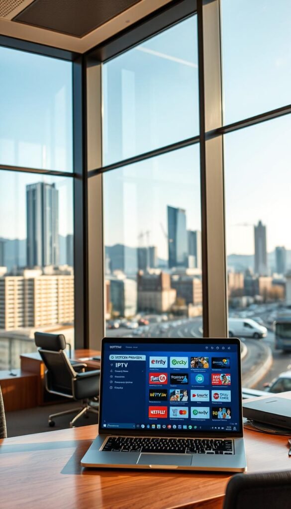 A sleek, modern office interior with large windows overlooking the Austrian cityscape. In the foreground, a desk with a laptop displays the Hoxtoon Provider IPTV service interface, showcasing its intuitive design and wide selection of channels. The middle ground features stylish office furniture and equipment, hinting at the advanced infrastructure required to deliver high-quality IPTV. The background depicts the bustling streets of Austria, with skyscrapers and transport links, representing the country's robust internet connectivity that enables seamless IPTV performance. The scene is bathed in warm, natural lighting, conveying a sense of professionalism and technological sophistication.