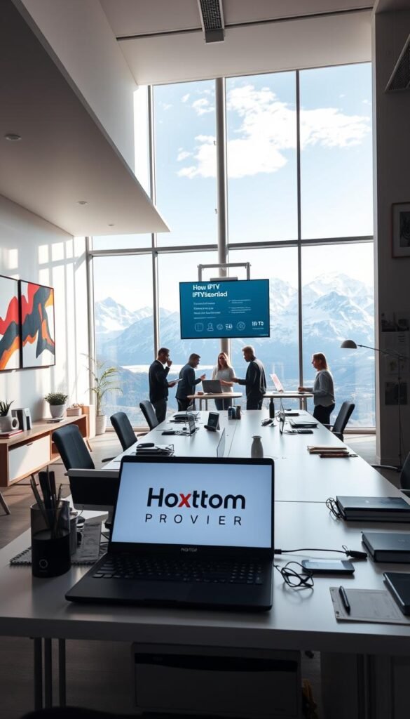 A sleek, modern office interior with large windows overlooking the Swiss Alps. In the foreground, a desk with a laptop displaying the Hoxtoon Provider logo, surrounded by various office supplies. On the walls, abstract art pieces and a large screen displaying IPTV service information. The lighting is bright and airy, creating a professional and efficient atmosphere. The middle ground features several employees collaborating on IPTV-related tasks, while the background showcases the majestic mountain landscape outside. The overall scene conveys the challenges and complexities of providing IPTV services in Switzerland, with a focus on innovation, technology, and the unique Swiss setting.