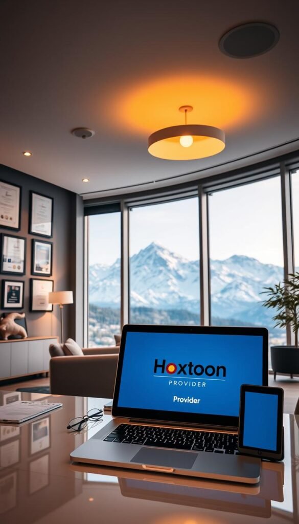 A sleek, modern office interior with large windows overlooking the Swiss Alps. In the foreground, a desk with a laptop and tablet displaying the Hoxtoon Provider logo. On the wall, framed certificates and awards showcase Hoxtoon's legal compliance and industry recognition. The lighting is warm and inviting, creating a professional yet approachable atmosphere. The middle ground features stylish furniture and decor, reflecting Switzerland's design aesthetic. In the background, the snow-capped peaks of the Alps provide a breathtaking backdrop, symbolizing the reliable and secure IPTV services Hoxtoon offers in Switzerland.