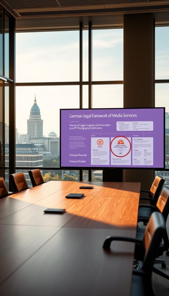 A sleek, modern office interior with large windows overlooking the cityscape of Berlin. In the foreground, a wooden conference table with leather chairs, and a large display screen showcasing the Hoxtoon Provider logo. On the screen, a detailed visual representation of the German legal framework for media services, with clean infographics and diagrams. The lighting is warm and natural, creating a professional and authoritative atmosphere. The overall scene conveys a sense of legal expertise and compliance within the German IPTV industry.