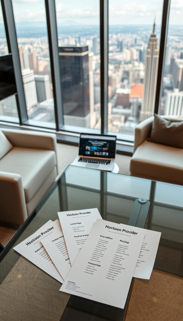 A sleek, modern office interior with minimalist furniture and large windows overlooking a cityscape. In the foreground, a glass-topped table displays neatly arranged Hoxtoon Provider IPTV pricing plans, showcasing various subscription options with clear pricing details. The plans are presented on stylish, minimalist cards with clean typography and subtle branding. The lighting is soft and warm, creating a professional yet inviting atmosphere. The middle ground features a laptop and tablet displaying the Hoxtoon Provider website, while the background showcases a panoramic view of a vibrant, bustling city skyline.