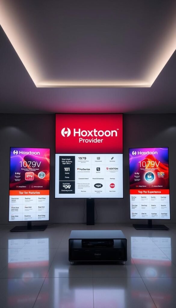 A sleek, modern office interior with three large, high-resolution displays showcasing different IPTV service providers in Romania. The displays are positioned against a minimalist, monochromatic backdrop, accentuating the vibrant colors and branding of the services. The central display features the Hoxtoon Provider logo prominently, with detailed information about its IPTV offerings. The flanking displays compare the features, pricing, and user experience of other top IPTV options in the Romanian market, creating a comprehensive visual reference. Soft, directional lighting casts a professional, authoritative tone, while the overall composition conveys a sense of informed comparison and decision-making.