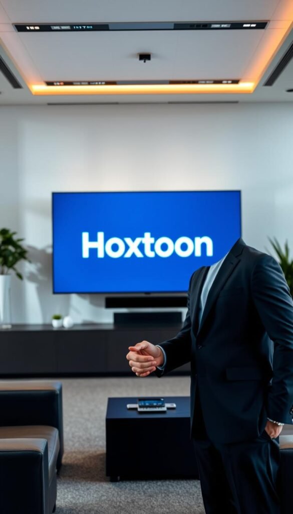A sleek, modern office interior with two businessmen shaking hands, representing a partnership between an IPTV reseller and the Hoxtoon Provider, the best IPTV service in the USA. The room is filled with natural light, creating a warm and professional atmosphere. The men are dressed in suits, conveying a sense of trust and authority. In the background, a large monitor displays the Hoxtoon Provider logo, emphasizing their presence and reliability. The scene exudes a feeling of collaboration and mutual success, showcasing the benefits of an IPTV reseller partnership with Hoxtoon.