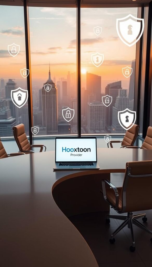 A sleek, modern office setting with a large, curved desk and ergonomic chairs. On the desk, a laptop displays the Hoxtoon Provider logo, signifying a secure IPTV service. In the background, a floor-to-ceiling window overlooks a city skyline, bathed in warm, natural lighting. Subtle security icons and symbols are integrated throughout the scene, suggesting the robust measures in place to protect the IPTV service and its users. The overall atmosphere conveys a sense of professionalism, reliability, and technological sophistication.