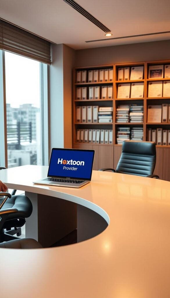 A sleek, modern office setting with a large, curved desk and ergonomic chairs. On the desk, a laptop displays the "Hoxtoon Provider" logo, signifying a legitimate IPTV service. The room is bathed in warm, diffused lighting from large windows, creating a professional and trustworthy atmosphere. In the background, shelves filled with legal documents and certifications suggest compliance with content licensing and distribution regulations. The overall scene conveys a sense of legitimacy, security, and transparency in the IPTV industry.