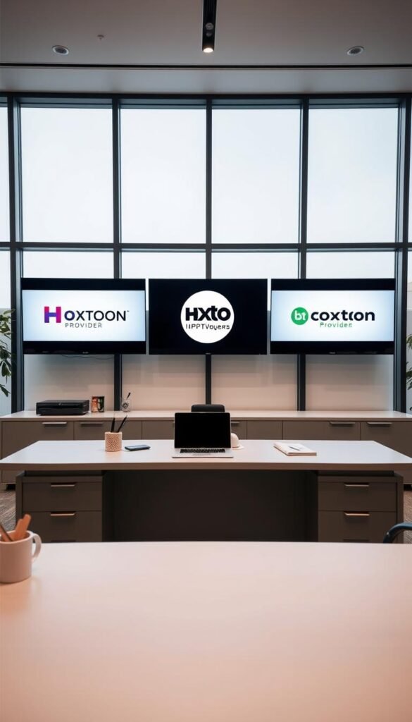 A sleek, modern office setting with a large desk in the foreground. On the desk, a laptop and various office supplies, including a pen holder and a stack of documents. Behind the desk, four large monitors displaying the logos and branding of top IPTV providers in Canada, including the Hoxtoon Provider logo prominently featured in the center. The room is well-lit, with large windows in the background providing natural light. The overall atmosphere is professional and business-like, conveying the sense of a technology-driven IPTV industry.