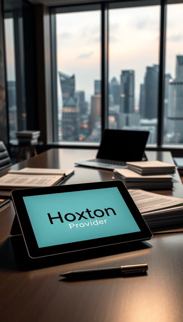 A sleek, modern office setting with a large desk, laptop, and stacks of legal documents. In the foreground, a Hoxtoon Provider logo prominently displayed on a tablet screen, hinting at the subject of IPTV legal considerations. The lighting is warm and subdued, creating a professional atmosphere. In the background, floor-to-ceiling windows overlooking a bustling city skyline, suggesting the global nature of the IPTV industry. The overall composition conveys a sense of authority, expertise, and the careful navigation of legal complexities surrounding IPTV services.