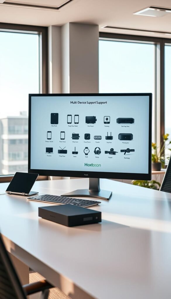 A sleek, modern office setting with a large desktop computer screen showcasing the Hoxtoon Provider multi-device support interface. The screen displays various device icons, including smartphones, tablets, and streaming devices, seamlessly connected to the Hoxtoon platform. The room is well-lit with natural light from large windows, creating a warm and professional atmosphere. The desk is clean and minimalist, with a subtle Hoxtoon logo visible. The overall scene conveys the ease and versatility of Hoxtoon's multi-device support, catering to the diverse viewing needs of its users.