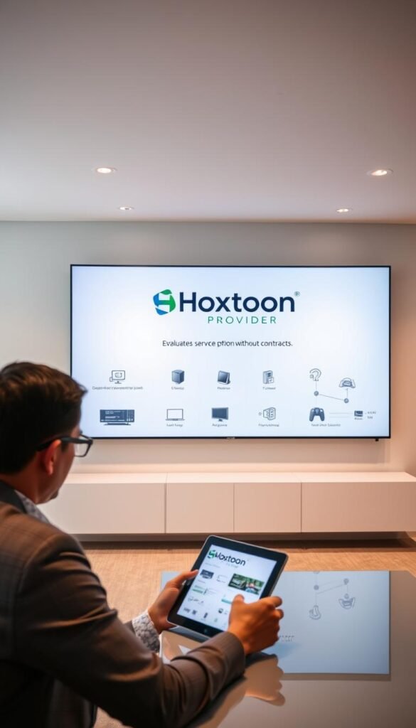 A sleek, modern office setting with a large display screen showcasing the Hoxtoon Provider logo and branding. In the foreground, a person sits at a desk, intently examining a tablet device, evaluating IPTV service options without contracts. The middle ground features various device icons and network diagrams, highlighting the flexibility and convenience of Hoxtoon's IPTV solution. The background has a minimalist, clean design with neutral tones, creating a professional and trustworthy atmosphere. Soft, directional lighting illuminates the scene, emphasizing the key elements and creating a sense of clarity and focus.