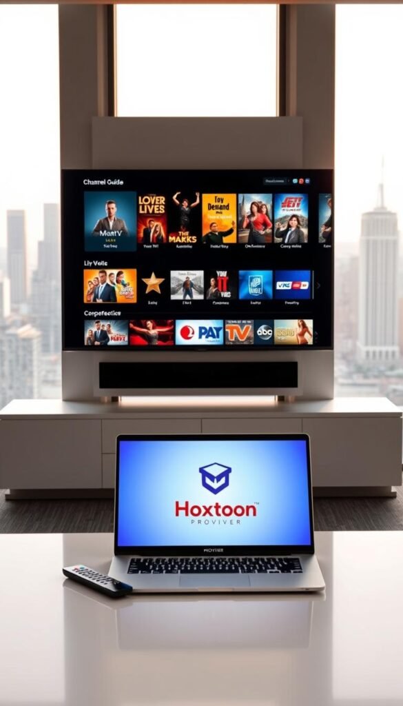 A sleek, modern office setting with a large display screen showcasing the advanced features of the Hoxtoon Provider IPTV platform. In the foreground, a minimalist desk with a laptop, remote control, and a stylized Hoxtoon Provider logo. The middle ground features a wall-mounted flat-screen TV displaying various IPTV content options, including live TV channels, on-demand movies, and a comprehensive channel guide. The background has floor-to-ceiling windows overlooking a city skyline, bathed in warm, natural lighting. The overall atmosphere conveys a sense of professionalism, technology, and the cutting-edge capabilities of the Hoxtoon Provider IPTV service.