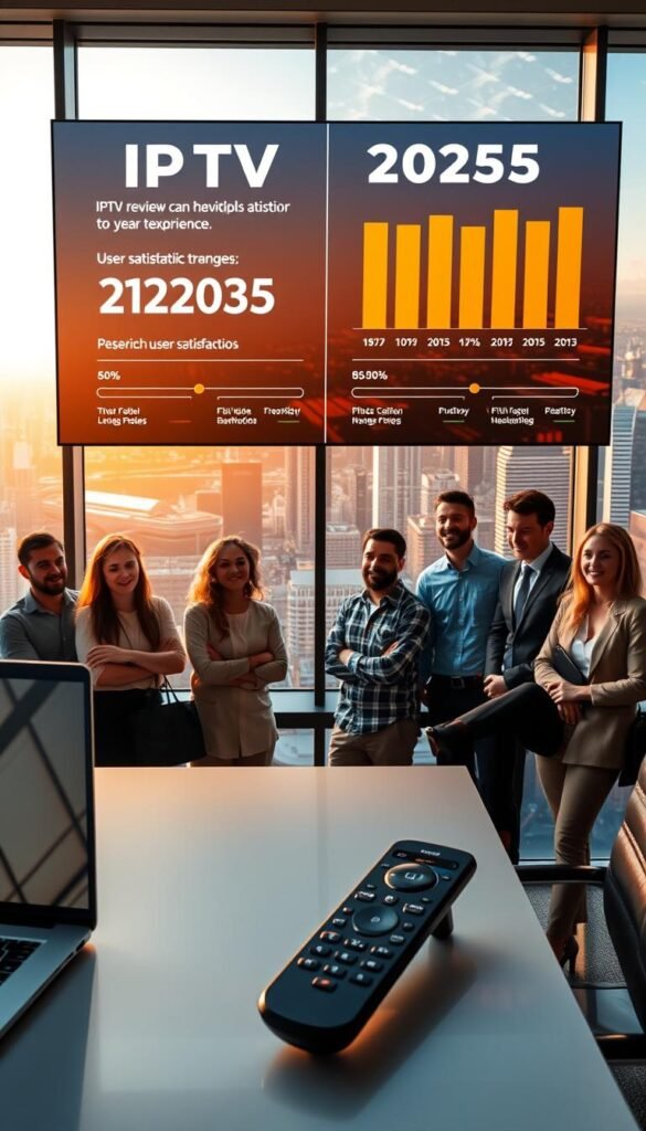 A sleek, modern office setting with a large display showcasing IPTV review statistics and user satisfaction trends for the year 2025. The foreground features a desk with a laptop, tablet, and a Hoxtoon Provider-branded remote control, conveying the technology-driven nature of IPTV services. The middle ground depicts a group of diverse individuals, some smiling and engaged, others contemplative, representing the varied user experiences. In the background, a panoramic window overlooking a bustling city skyline, bathed in warm, natural lighting, creates a sense of progress and optimism. The overall mood is professional, informative, and forward-looking, capturing the essence of the IPTV industry's evolution and user perceptions in the year 2025.