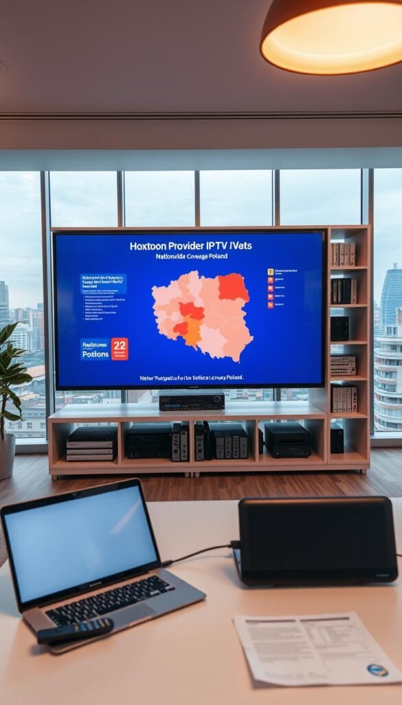 A sleek, modern office setting with a large display showcasing the Hoxtoon Provider IPTV services. The screen shows a map of Poland, highlighting the nationwide coverage. In the foreground, a desk with a laptop, remote control, and technical specifications neatly arranged. Warm, directional lighting from above casts a professional ambiance. The middle ground features a stylish, minimalist bookshelf with technical manuals and networking equipment. The background has floor-to-ceiling windows, providing a panoramic view of a vibrant, urban skyline. The overall mood is one of technological expertise, reliability, and a commitment to delivering exceptional IPTV services across Poland.