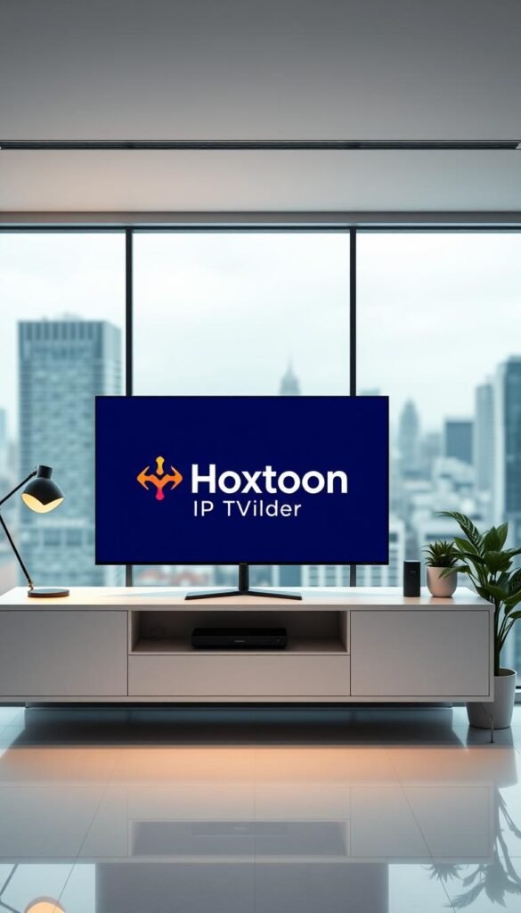 A sleek, modern office setting with a large flat-screen display showcasing the "Hoxtoon Provider" brand logo. The display is prominently positioned on a clean, minimalist desk, surrounded by a few office accessories like a stylish lamp and a potted plant. The lighting is soft and diffused, creating a warm, inviting atmosphere. The background features a blurred cityscape, hinting at the global reach and accessibility of this "affordable IPTV solution". The overall composition conveys a sense of professionalism, reliability, and value.