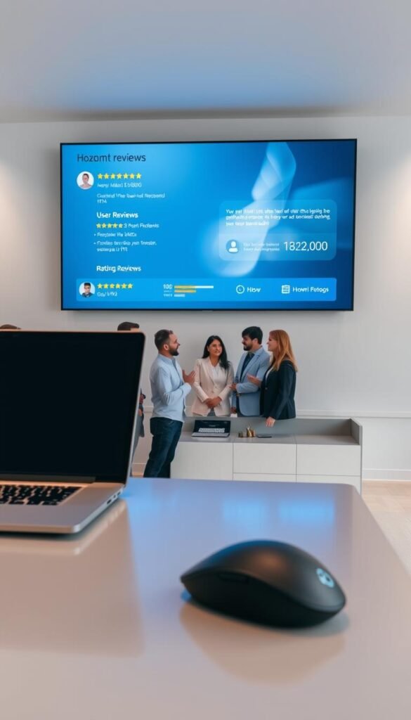A sleek, modern office setting with a large flat-screen display showcasing user reviews and ratings for the Hoxtoon IPTV provider. In the foreground, a sophisticated desk setup with a laptop, tablet, and wireless mouse, hinting at the digital nature of the service. The middle ground features a group of people gathered around the display, gesturing and engaged in discussion, their expressions conveying a mix of satisfaction and thoughtfulness. The background is a minimalist, well-lit space with clean lines and subtle textures, creating a professional and trustworthy atmosphere. The overall scene suggests a transparent, well-received IPTV service that values user feedback and experiences.