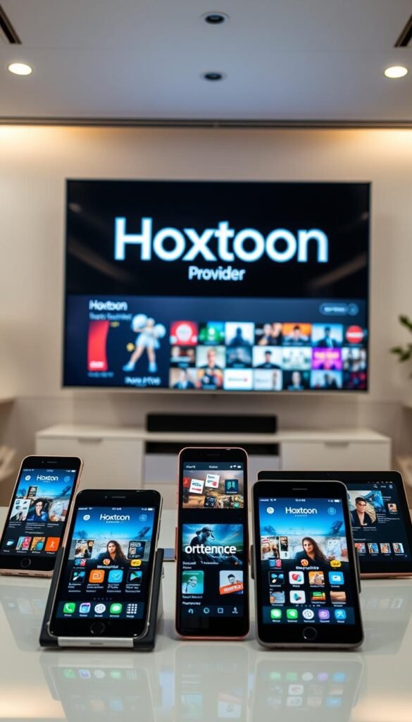 A sleek, modern office setting with a large, high-resolution display showcasing the Hoxtoon Provider logo and UI. In the foreground, several smartphones and tablets are arranged, demonstrating the multi-device compatibility of the Hoxtoon service. The devices display various streaming content, highlighting the platform's versatility. The lighting is soft and diffused, creating a professional and inviting atmosphere. The camera angle is slightly elevated, providing a comprehensive view of the setup. The overall composition emphasizes the seamless integration of Hoxtoon across multiple devices, conveying the message of a reliable and versatile IPTV solution.