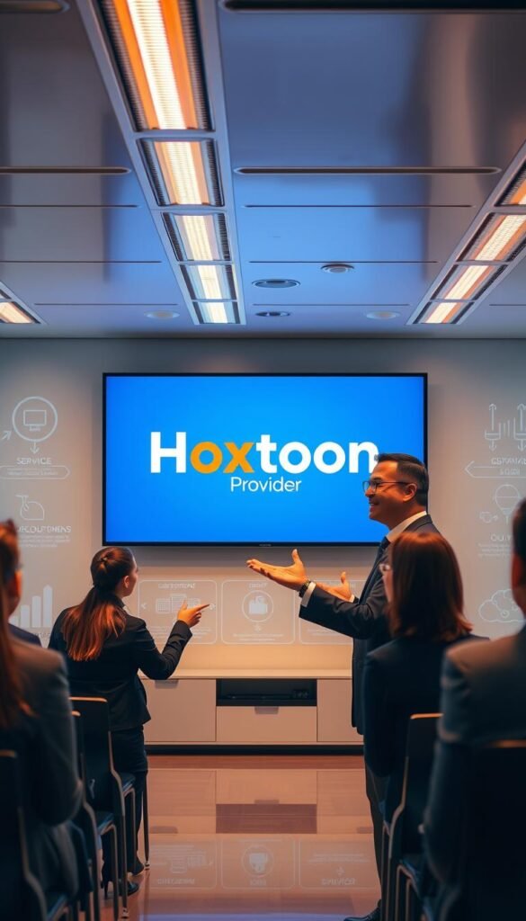A sleek, modern office setting with a large monitor displaying the Hoxtoon Provider logo. In the foreground, a professional-looking person in business attire is gesturing towards the screen, presenting marketing strategies to a group of attentive viewers. The lighting is warm and inviting, creating a dynamic and engaging atmosphere. The background features stylized graphics and diagrams illustrating key IPTV reseller concepts, such as customer acquisition, revenue streams, and service offerings. The overall composition conveys a sense of expertise, innovation, and the potential for success in the IPTV reseller business.