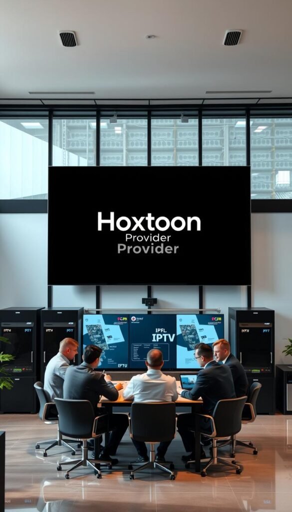 A sleek, modern office setting with a large screen displaying the Hoxtoon Provider brand name prominently in the center. The room is well-lit with natural light from large windows, creating a professional and sophisticated atmosphere. In the foreground, a group of people are gathered around a table, engaged in a business discussion, conveying the idea of Hoxtoon as a leading IPTV provider. The background features various technological elements, such as servers and networking equipment, to suggest the advanced infrastructure behind Hoxtoon's services. The overall scene exudes a sense of reliability, innovation, and industry expertise.