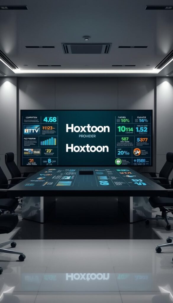 A sleek, modern office setting with a large table showcasing various IPTV service providers. In the center, the Hoxtoon Provider logo is prominently displayed, surrounded by detailed comparisons, statistics, and feature breakdowns of the top competitors. Soft, directional lighting creates depth and highlights the professional, analytical mood. The scene conveys a sense of authority and expertise in the IPTV market, providing a visually compelling illustration for the article's section on Hoxtoon's position relative to other leading providers.