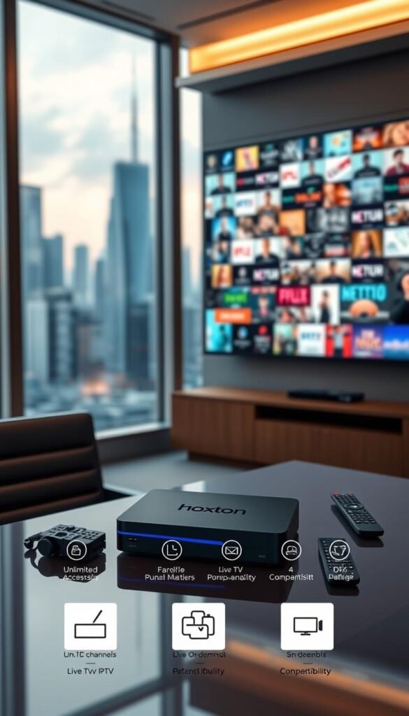 A sleek, modern office setting with a large window overlooking a bustling city skyline. In the foreground, a stylish desk showcases a Hoxtoon Provider IPTV box, remote, and other accessories. Soft, warm lighting illuminates the scene, creating a professional and inviting atmosphere. On the desk, various benefits of a Hoxtoon Provider IPTV lifetime subscription are displayed through clean, minimalist infographics - including unlimited access to live TV channels, on-demand content, and seamless device compatibility. In the background, a large wall-mounted display showcases a diverse array of entertainment options, further highlighting the versatility and value of the Hoxtoon Provider IPTV lifetime subscription.
