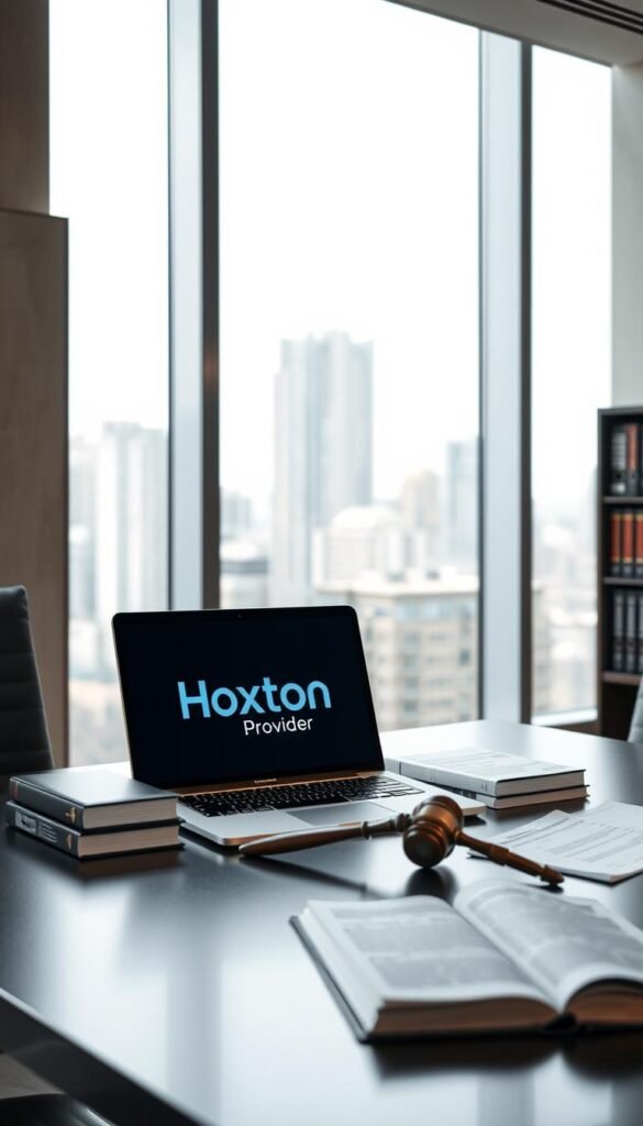 A sleek, modern office setting with large windows overlooking a cityscape. On the desk, a laptop displays the Hoxtoon Provider logo, signifying an IPTV service. Law books and documents are neatly arranged, hinting at the legal considerations surrounding IPTV. The lighting is soft and professional, creating a contemplative atmosphere. In the background, a bookshelf holds more legal resources, conveying the importance of understanding regulations. The scene evokes a sense of careful deliberation and compliance within the IPTV industry.