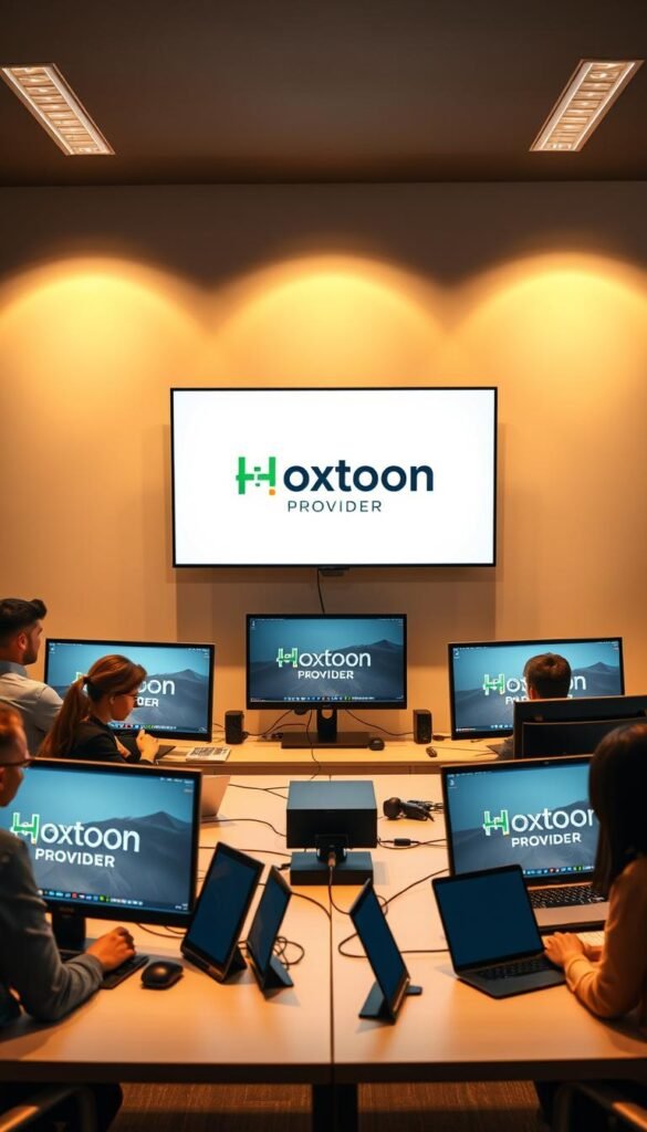 A sleek, modern office setting with multiple desktop computers and laptops connected to a central IPTV system. The Hoxtoon Provider logo is prominently displayed on the main screen, showcasing a seamless, high-quality streaming experience. Warm, diffused lighting illuminates the scene, creating a professional and collaborative atmosphere. The foreground features individuals of diverse backgrounds engaged in productive discussions, emphasizing the versatility and suitability of the IPTV system for families. The middle ground showcases the interconnected devices, highlighting the multiple connection capabilities, while the background features minimalist, yet stylish decor, maintaining a focus on the technology.