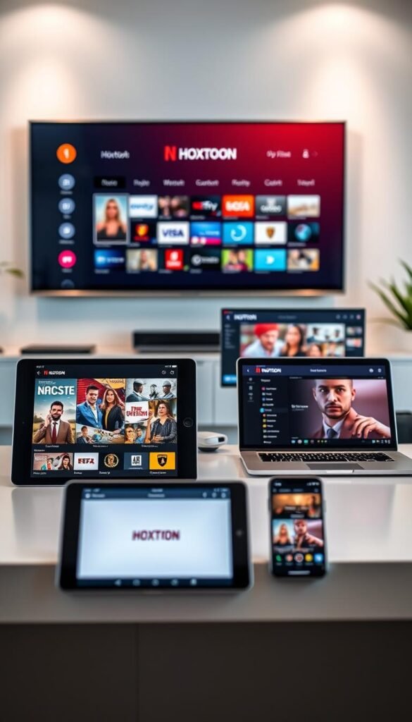 A sleek, modern office setting with multiple devices showcasing the Hoxtoon Provider IPTV service. In the foreground, a tablet and smartphone display live TV channels and on-demand content. In the middle ground, a laptop and desktop computer demonstrate seamless cross-device functionality. The background features a large, high-resolution smart TV screen showcasing Hoxtoon's intuitive user interface. Soft, diffused lighting creates a professional, sophisticated atmosphere. The arrangement highlights Hoxtoon Provider's comprehensive multi-device support, catering to the diverse needs of the modern, tech-savvy user.