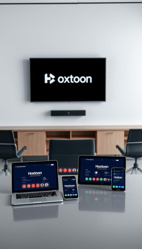 A sleek, modern office setting with multiple devices showcasing the Hoxtoon Provider platform. In the foreground, a stylish desk with a laptop, tablet, and smartphone arranged neatly, all displaying the Hoxtoon interface. The middle ground features a large, high-resolution monitor mounted on the wall, presenting the Hoxtoon multi-device experience. The background is a minimalist, well-lit space with clean lines and subtle textures, creating a professional and technology-focused atmosphere. The lighting is soft and diffused, accentuating the devices and their seamless integration. The overall composition conveys the ease and versatility of the Hoxtoon Provider service across a range of devices.