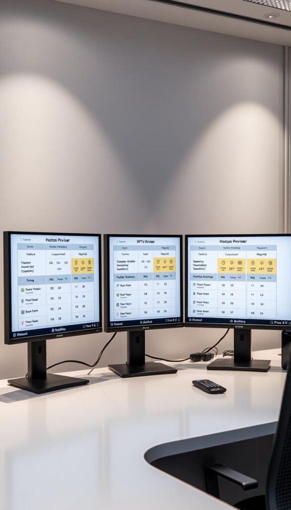A sleek, modern office setting with three computer monitors displaying comparisons of IPTV service providers. The monitors show detailed feature breakdowns, pricing, and customer satisfaction ratings for Hoxtoon Provider, as well as two other leading IPTV services. The scene is illuminated by soft, diffused lighting, creating a professional and informative atmosphere. The desk is neat and organized, with a subtle branding or logo for Hoxtoon Provider visible. The overall impression is one of a thorough, data-driven analysis to help consumers make an informed decision about IPTV services.