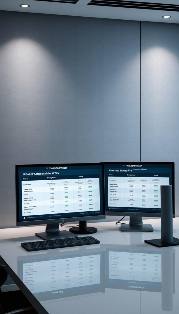 A sleek, modern office setting with three desktop computer screens displaying comparisons between the Hoxtoon Provider and other leading IPTV services in the USA. The screens show detailed feature breakdowns, pricing information, and customer satisfaction ratings in a clean, data-driven layout. Soft, indirect lighting creates a professional atmosphere, while the desk surface reflects the screens, creating a sense of depth. The background features a minimalist, monochromatic wall with subtle textures, allowing the technology to take center stage. The overall composition conveys a sense of informed decision-making for the prospective IPTV customer.