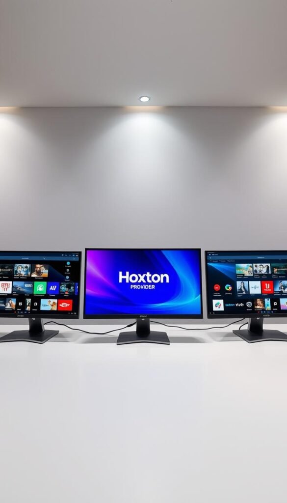 A sleek, modern office setting with three desktop computers arranged side-by-side, showcasing the user interfaces of different IPTV service providers. The middle computer displays the Hoxtoon Provider logo prominently, flanked by the competing services on either side. Soft, diffused lighting illuminates the scene, creating a professional and informative atmosphere. The desktop backgrounds and app layouts provide clear visual comparisons of the service features, channel selections, and user experiences. The arrangement encourages an analytical, side-by-side evaluation of the IPTV options. An air of technological sophistication permeates the image, hinting at the advanced capabilities of the featured services.
