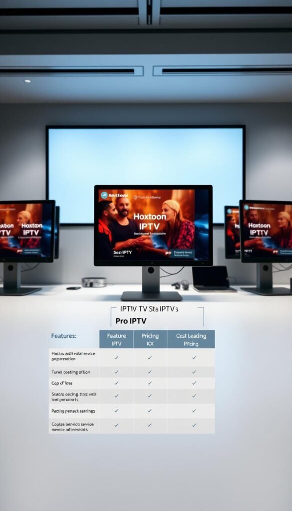 A sleek, modern office setting with three desktop computers showcasing different IPTV service providers on their screens. In the foreground, a stylized comparison chart highlights the key features and pricing of the "Hoxtoon Provider" alongside two other leading IPTV options. Soft, directional lighting illuminates the scene, creating a professional and informative atmosphere. The arrangement and design elements convey a sense of research, analysis, and decision-making for the viewer.