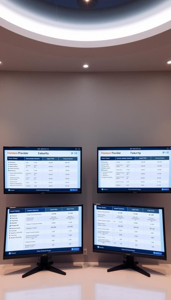 A sleek, modern office setting with three large computer monitors displaying comparisons of various IPTV service providers, including the "Hoxtoon Provider". The monitors show detailed feature breakdowns, pricing, and customer ratings in a clean, infographic-style layout. Soft, indirect lighting creates a professional and informative atmosphere. The scene conveys a sense of research and decision-making around choosing the best IPTV service in Dubai.