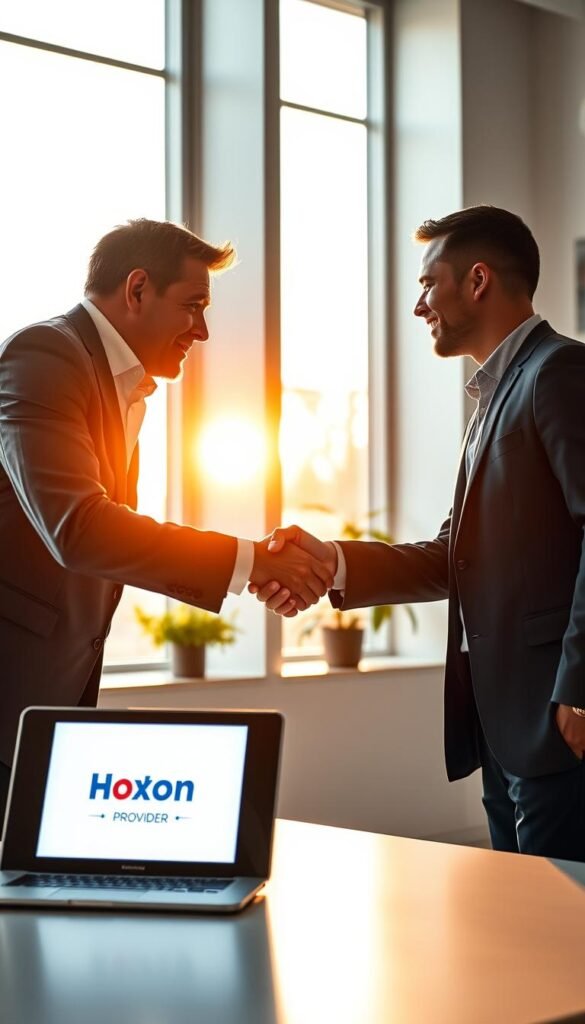 A sleek, modern office setting with two business partners shaking hands, symbolizing an IPTV reseller partnership. The scene is illuminated by soft, natural lighting from large windows, casting a warm glow. On the desk, a laptop displays the Hoxtoon Provider logo, hinting at the digital nature of the IPTV reseller business. The walls are adorned with minimalist decor, conveying a professional and collaborative atmosphere. The two partners, dressed in formal attire, stand in the foreground, their expressions conveying trust and confidence in their new venture.