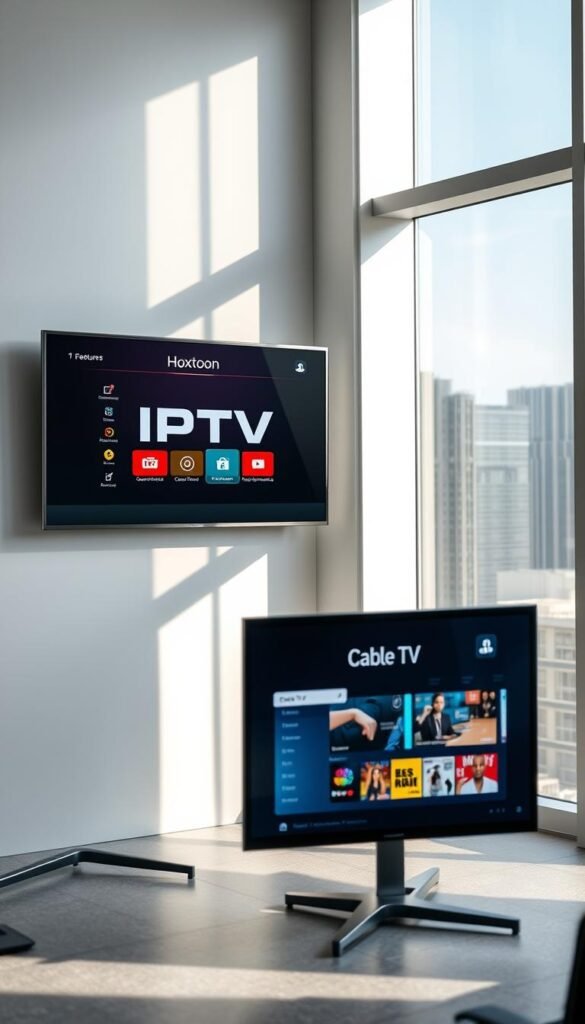 A sleek, modern office setting with two large, adjacent screens displaying the logos and features of "IPTV" and "Cable TV" systems. The IPTV screen showcases a Hoxtoon Provider interface, highlighting its advanced streaming capabilities, on-demand content, and personalized recommendations. The Cable TV screen depicts a traditional cable box and program guide, conveying its linear channel-based experience. The room is well-lit, with large windows casting natural light and creating a sense of professionalism and objectivity. The overall atmosphere encourages a thoughtful comparison between the two technologies, inviting the viewer to consider the potential drawbacks and benefits of each.