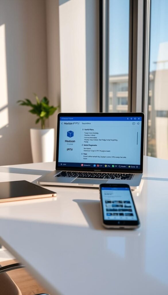 A sleek, modern office setup with a laptop, tablet, and smartphone showcasing the Hoxtoon Provider IPTV service. The devices are arranged neatly on a minimalist desk, with a large window in the background providing natural lighting. The room has a sophisticated, tech-savvy atmosphere, with clean lines and a neutral color palette. The laptop screen displays technical specifications and system requirements for the IPTV service, highlighting the ease of use and reliability. The overall scene conveys the seamless integration of technology and the hassle-free experience of the Hoxtoon Provider IPTV lifetime subscription.