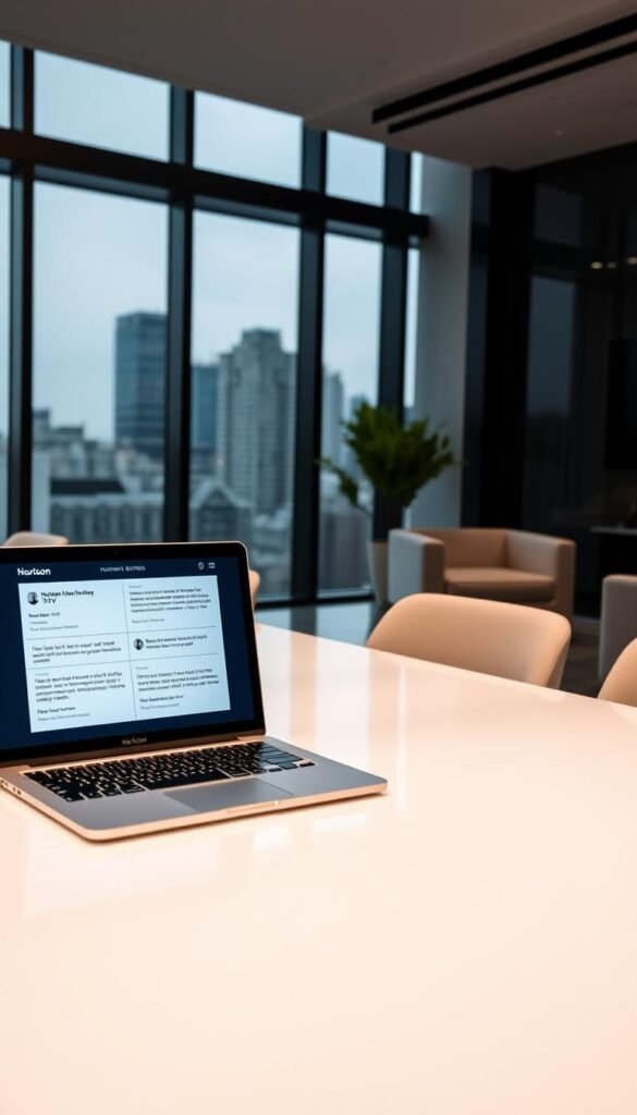 A sleek, modern office workspace with a laptop displaying customer reviews for the Hoxtoon IPTV service. The workspace is well-lit, with large windows overlooking a cityscape in the background. The laptop screen showcases a grid of positive customer testimonials, each describing their seamless experience with the Hoxtoon service. Minimalist, stylish furniture and decor create a professional, trustworthy atmosphere. The overall scene conveys a sense of reliability and customer satisfaction with the Hoxtoon IPTV provider.