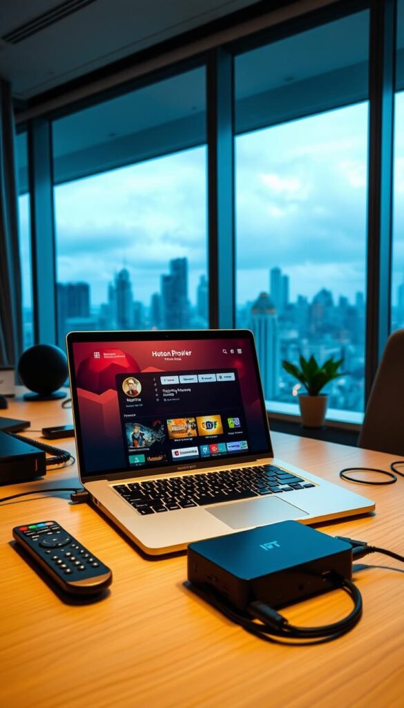 A sleek, modern office workspace with a laptop displaying the Hoxtoon Provider IPTV service interface. The laptop is surrounded by various devices and accessories, including a remote control, a streaming box, and an HDMI cable. The lighting is soft and warm, creating a cozy, inviting atmosphere. In the background, a large window overlooking a bustling city skyline. The scene conveys a sense of productivity, convenience, and the value of a reliable IPTV solution for the modern, tech-savvy user.