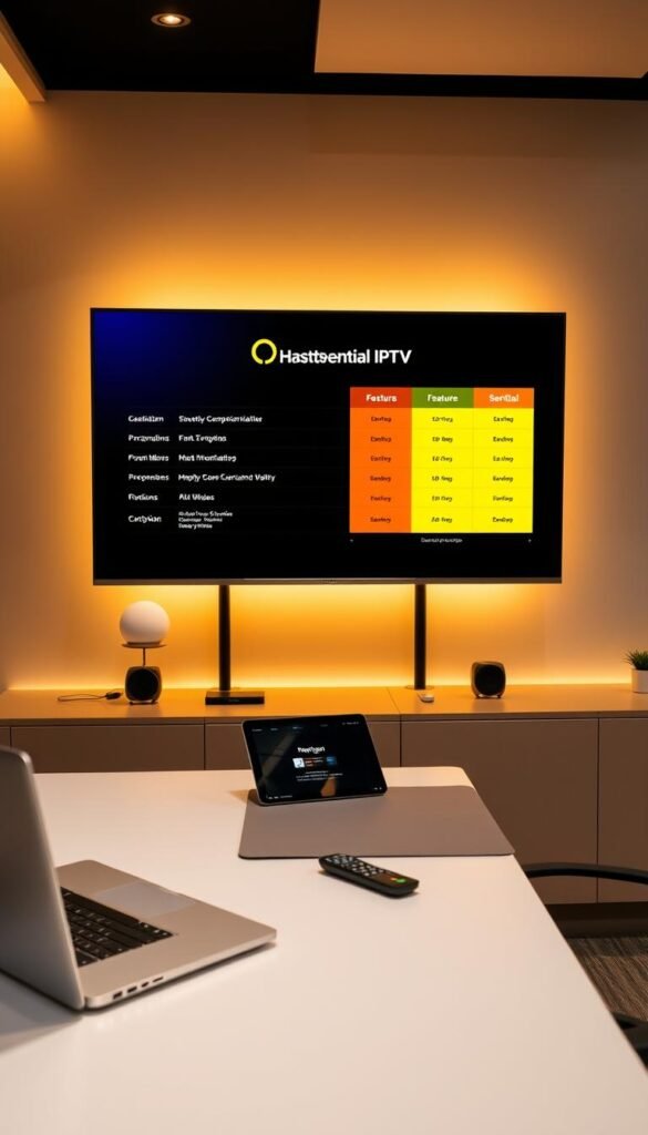 A sleek, modern office workspace with a large monitor displaying a comparison of essential IPTV features. On the desk, various devices like a laptop, tablet, and remote control are neatly arranged. The Hoxtoon Provider logo is prominently featured on the monitor, showcasing its comprehensive IPTV offering. Warm, indirect lighting creates a professional atmosphere, with clean lines and minimalist design elements accentuating the focus on the technology and its capabilities.