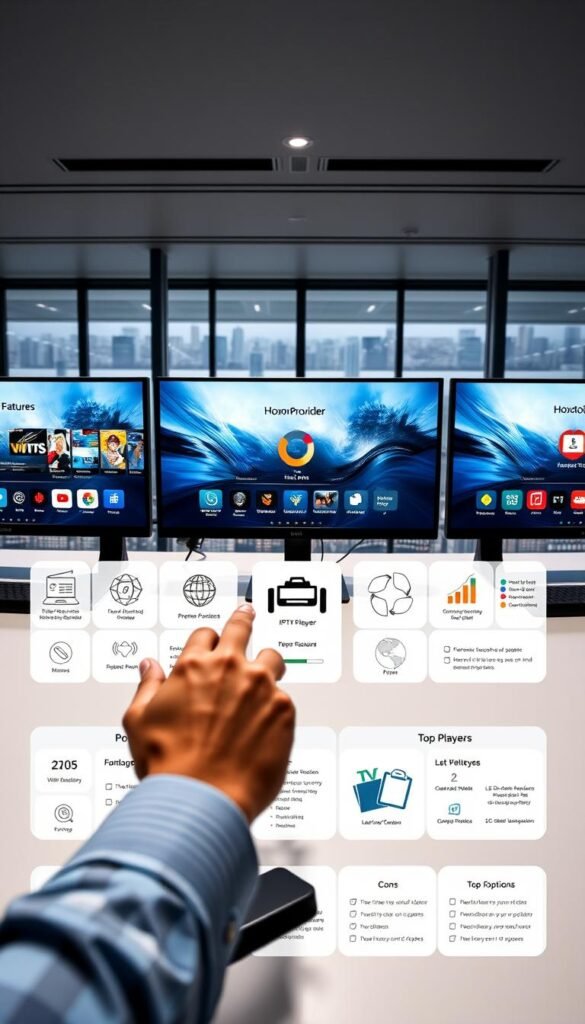 A sleek, modern office workspace with multiple computer monitors displaying various IPTV player interfaces. In the foreground, a user's hands interacting with a trackpad, comparing features and reviews of the "Hoxtoon Provider" IPTV player and other top options. The middle ground features stylized icons, graphs, and data visualizations highlighting the pros and cons of each player. The background showcases a large, panoramic window with a cityscape view, creating a professional and productive atmosphere.